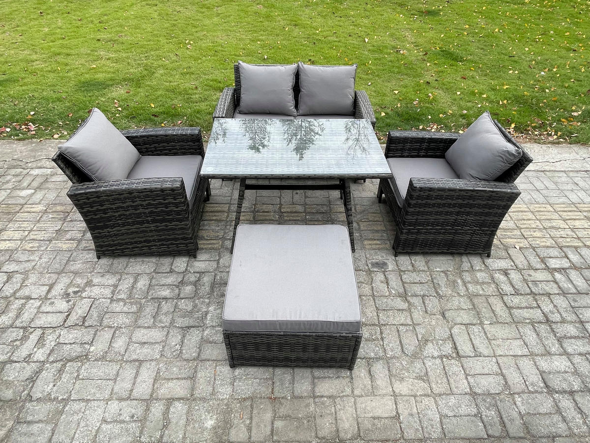 GARTENMÖBELSET mit ESSTISCH,HOCHLEHNER-SOFA Polyrattan Dunkelgrauer Mix 5-Sitzer - Dunkelgrau/Grau, Glas/Kunststoff - Fimous