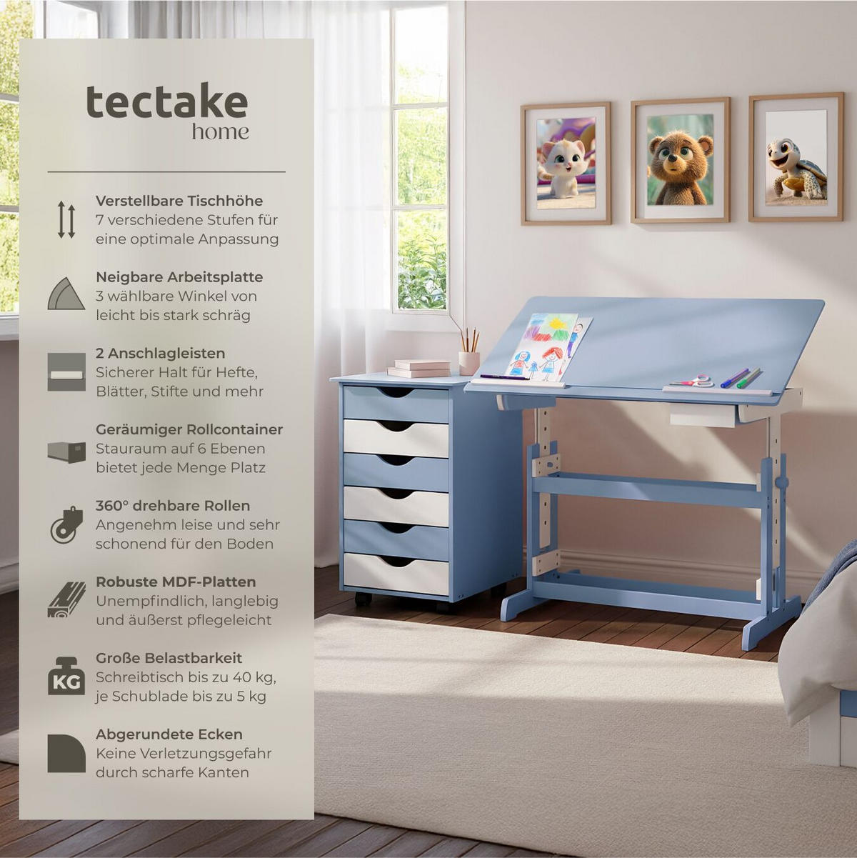 SCHREIBTISCH ,pflegeleicht,blau - Blau, Holz (55/94/109cm) - tectake