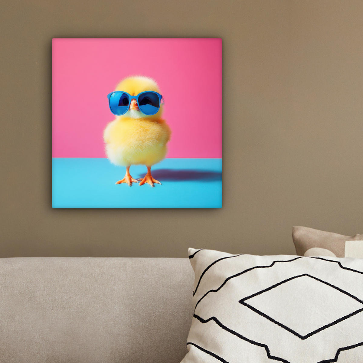 LEINWANDBILD Chick - Sonnenbrille - Blau Deko Wohnzimmer 20x20 cm - Pink/Gelb, Textil (20/20cm) - MuchoWow
