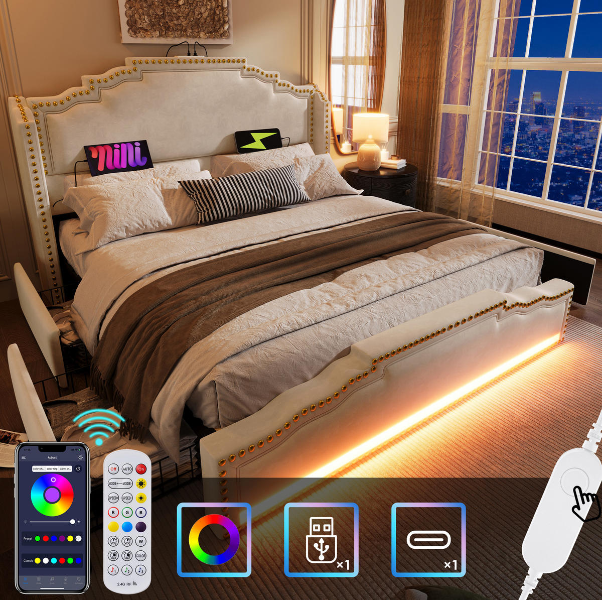 OBLAZINJENA postelja 140/200 cm s 4 predali, LED osvetlitvijo, USB in Type-C priključkom, žamet, Bež - bež, tekstil (140/200cm) - Redom