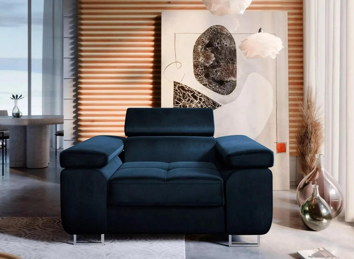 SESSEL WILD mit verstellbare Kopfstütze Velours Dunkelblau - Chromfarben/Dunkelblau, Holz/Textil (138/100/101cm) - Muffo