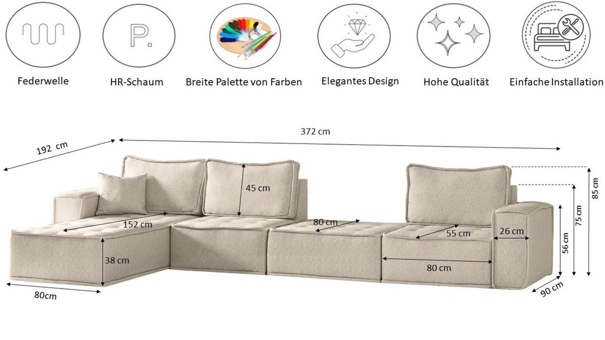 BOHOO modulare Ecke XL Hellbeige Links - Ecru, Holz (192/382cm) - Kaiser Möbel