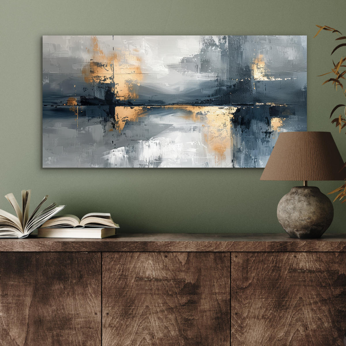 KOVOVÝ OBRAZ Umenie - sivé - zlaté - abstraktné 80x40 cm - tmavosivá, kov (80/40cm) - MuchoWow