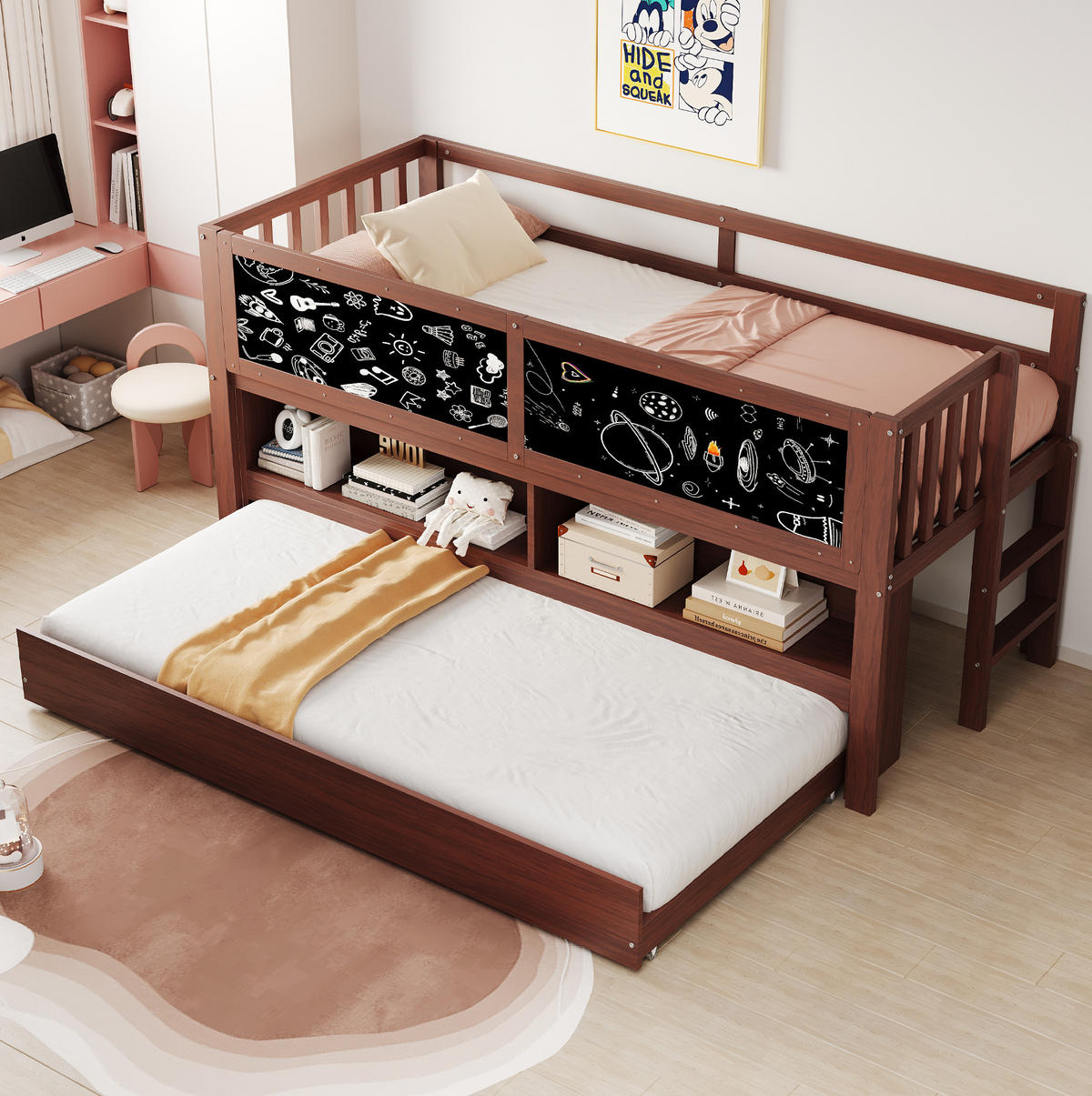 ETAGENBETT aus Holz 90x200 cm in Braun mit Ausziehbett & Tafel - Braun, Holz (90/200cm) - Modfu
