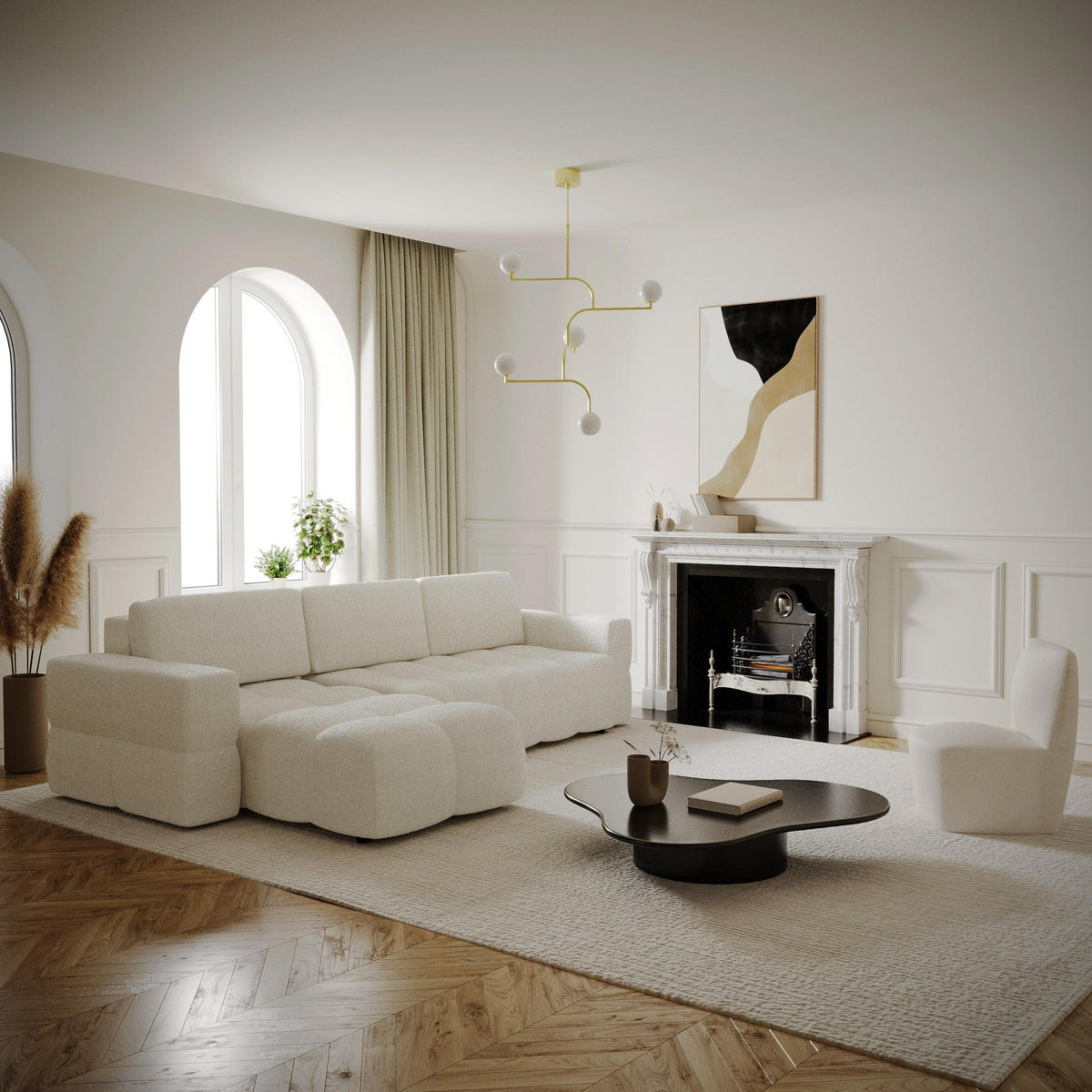 ECKSOFA LINKS Bouclé-Stoff Creme 286cm - Creme, Textil (169/286cm) - Sia Home