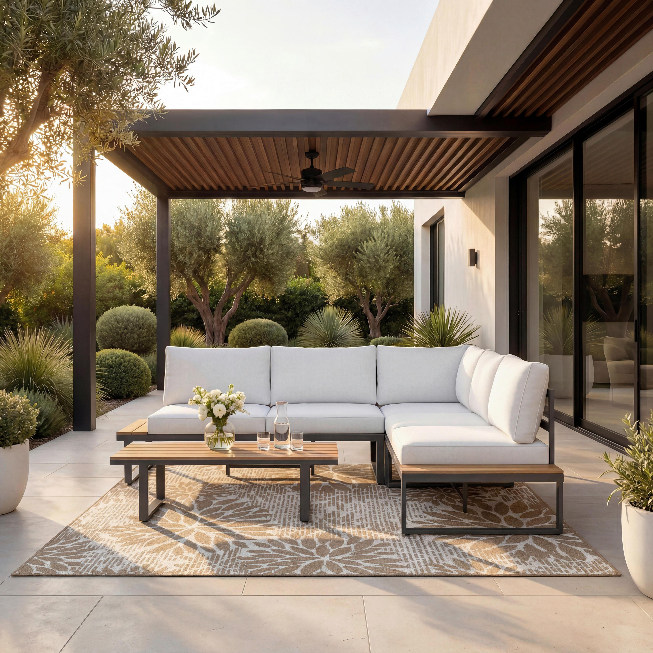 LOUNGEGARNITURSET Arianna Weiß Metall/Outdoorstoff - Creme, Metall - Bessagi Garden