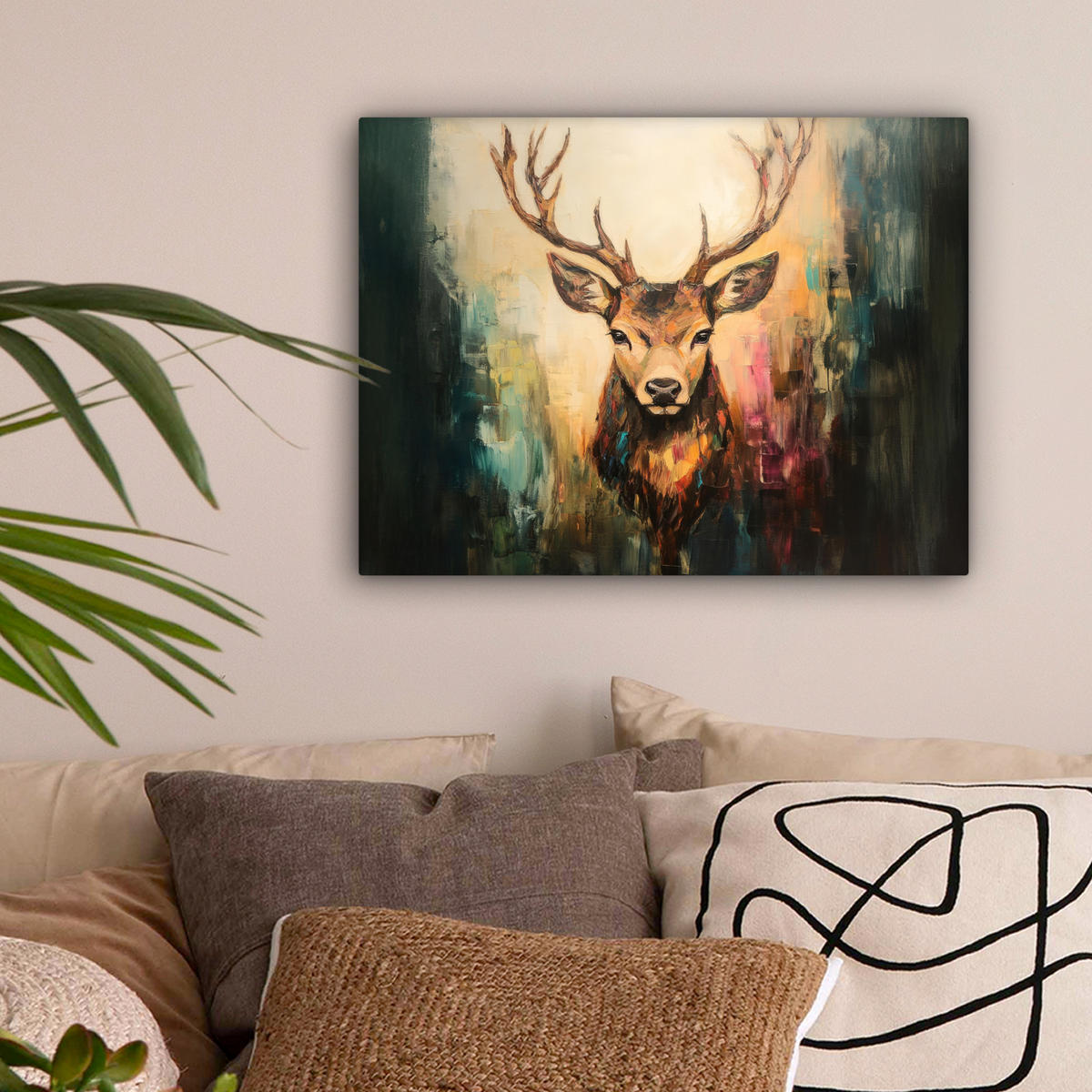 LEINWANDBILD Hirsch - Gemalt - Geweih - Braun 40x30 cm - Haselnussfarben, Textil (40/30cm) - MuchoWow