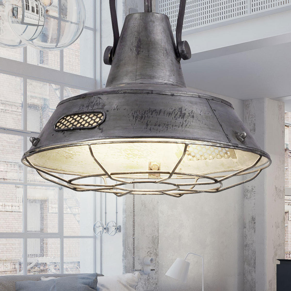 LED HÄNGELEUCHTE Metall Silber Industrie Laterne - Silberfarben, Metall (38/38/120cm)