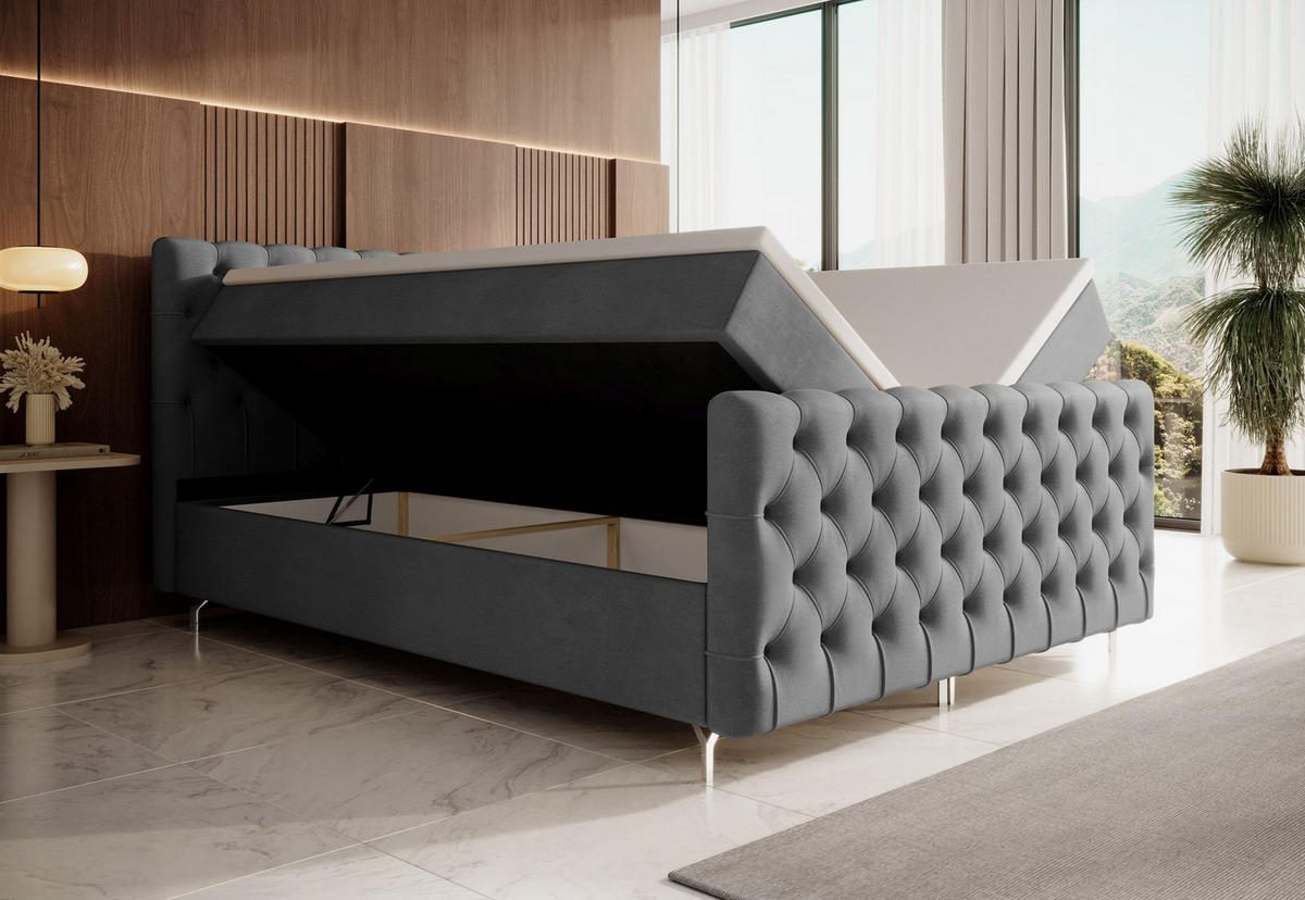 BOXBETT CHESTER 200x200, mit Matratze H3, Bonell und Topper, Monolith 92 - Grau, Holz/Textil (200/200cm) - Bedante