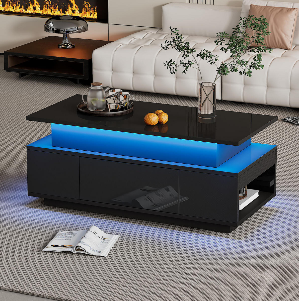COUCHTISCH 96/45/40 cm in Schwarz mit LED-Beleuchtung und höhenverstellbarer Platte - Schwarz, Holzwerkstoff (96/45/40cm) - Flora Grace