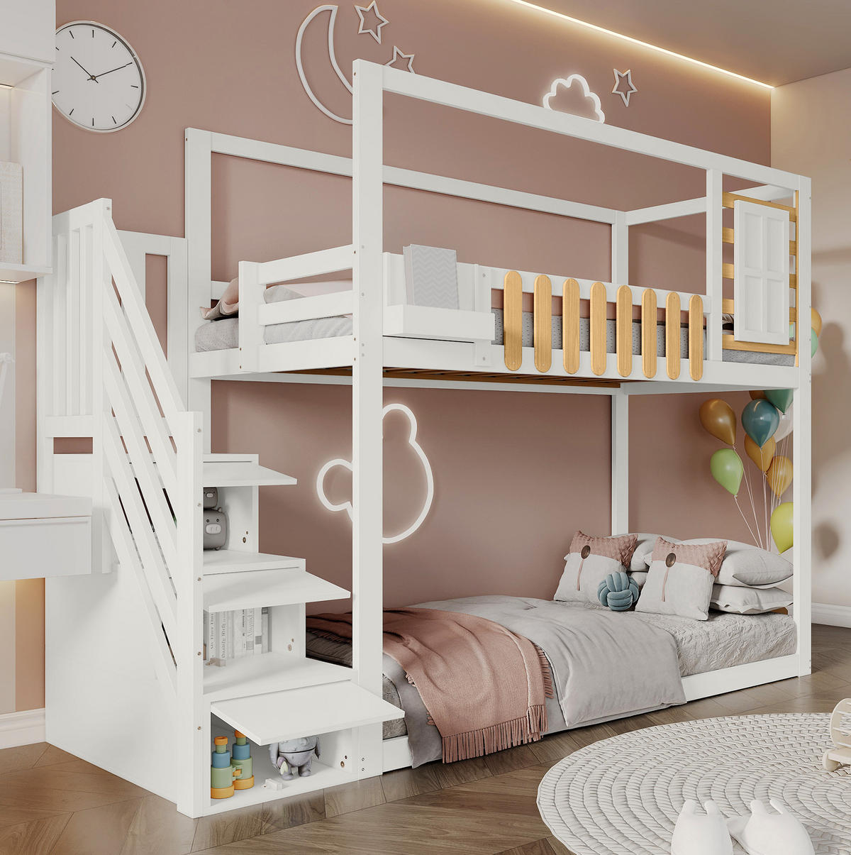 PALANDA 90/200 cm s trepou, oknem a úložnými schránkami, masivní borovice a MDF, bezpečné zábradlí, Bílá a přírodní - bílá, dřevo (90/200cm) - Redom