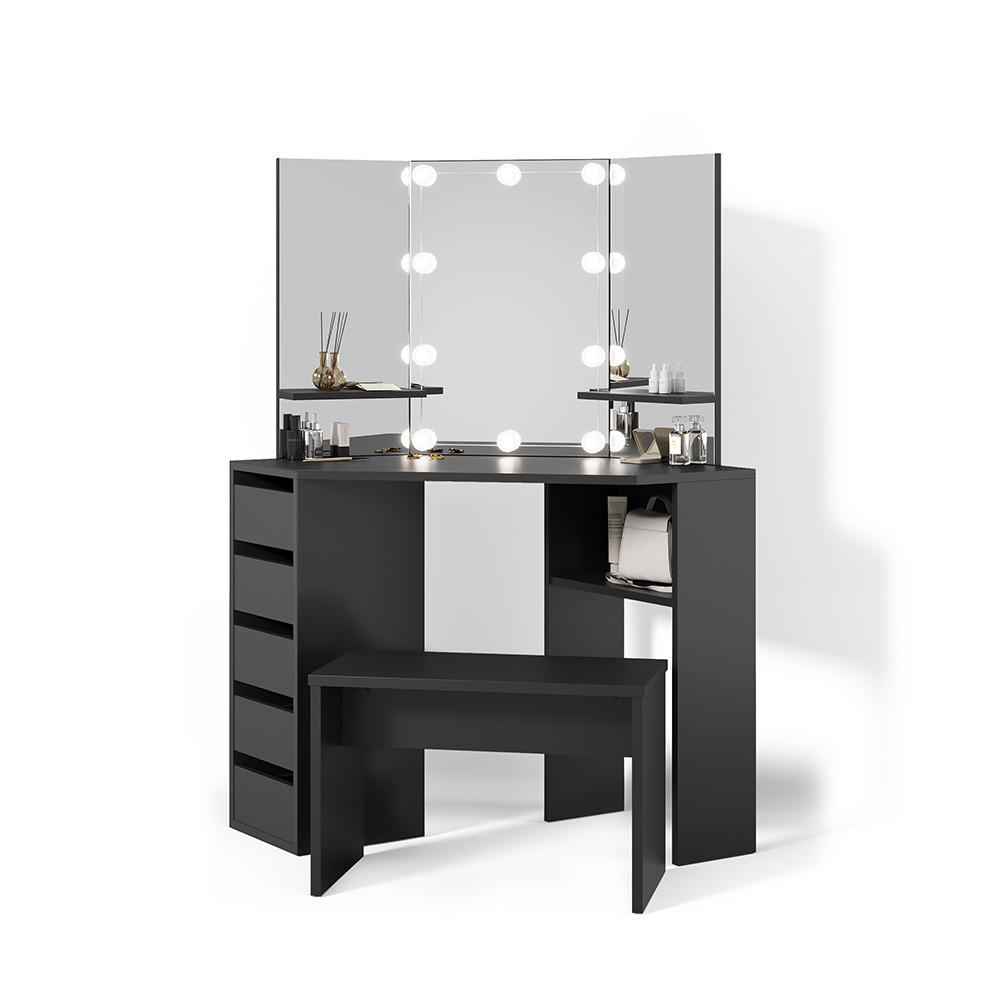 ECKSCHMINKTISCH Enna Schwarz 110 cm mit LED Beleuchtung und Bank - Schwarz, Holzwerkstoff (110/141.5/54cm) - Livinity®
