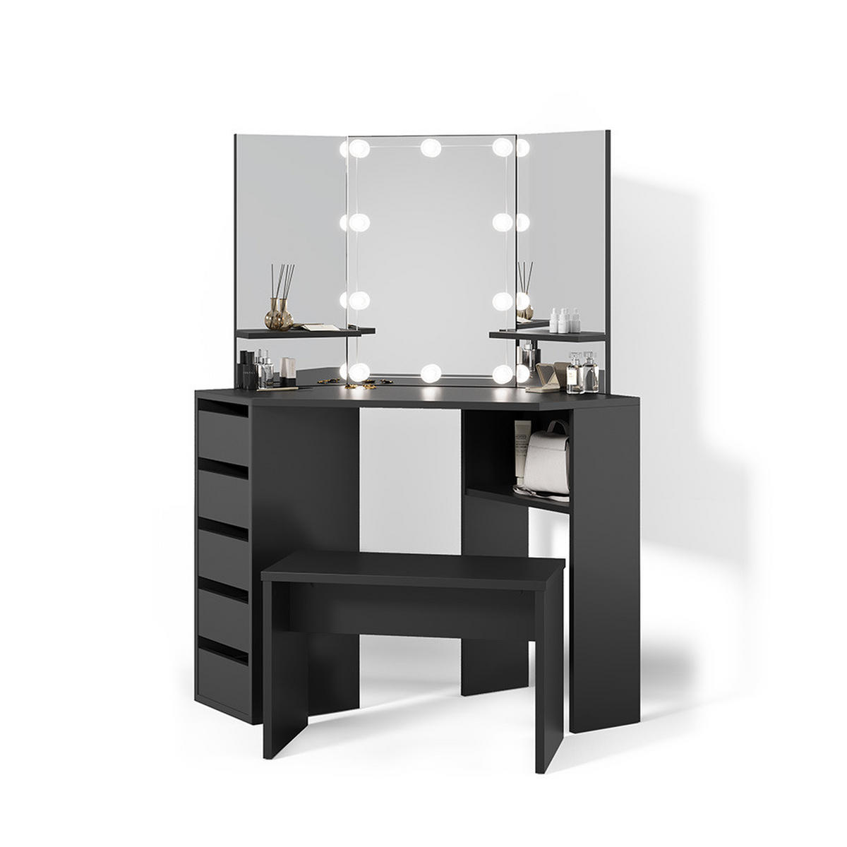 ECKSCHMINKTISCH Enna Schwarz 110 cm mit LED Beleuchtung und Bank - Schwarz, Holzwerkstoff (110/141.5/54cm) - Livinity®