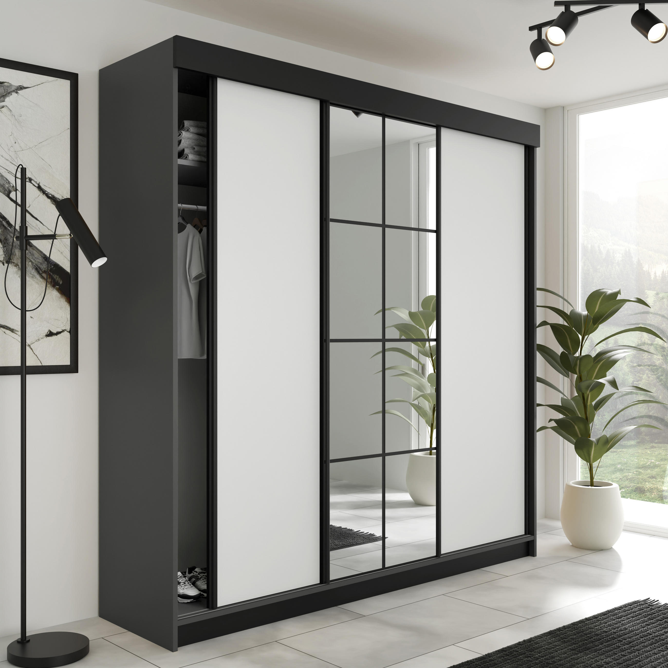 SCHIEBETÜRENSCHRANK LAMARO - 200x205x59cm - Graphit & Weiß - Graphitfarben/Weiß, Holzwerkstoff (200/205/59cm) - Kier Furniture