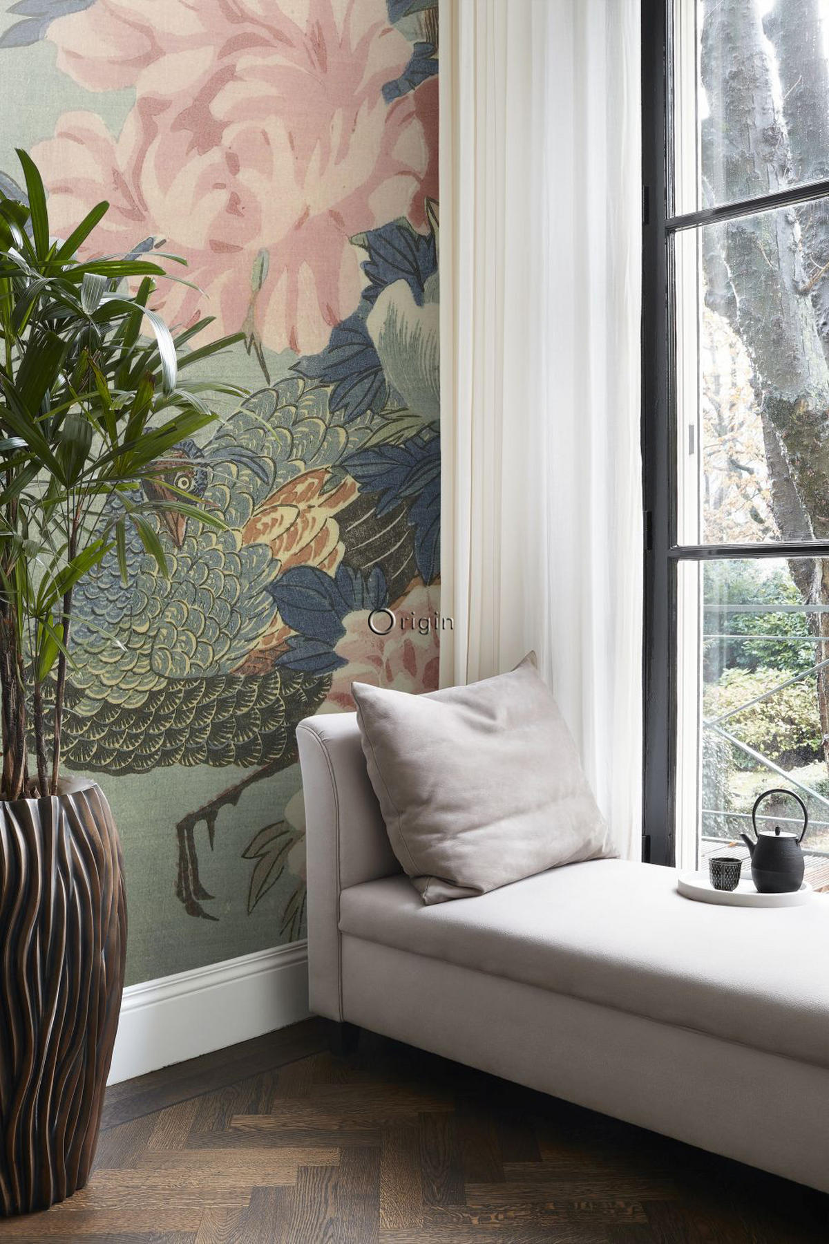 FOTOTAPETE Pfau und Pfingstrosen 200 x 300 cm - Pink, Papier (200/300cm) - Origin Wallcoverings