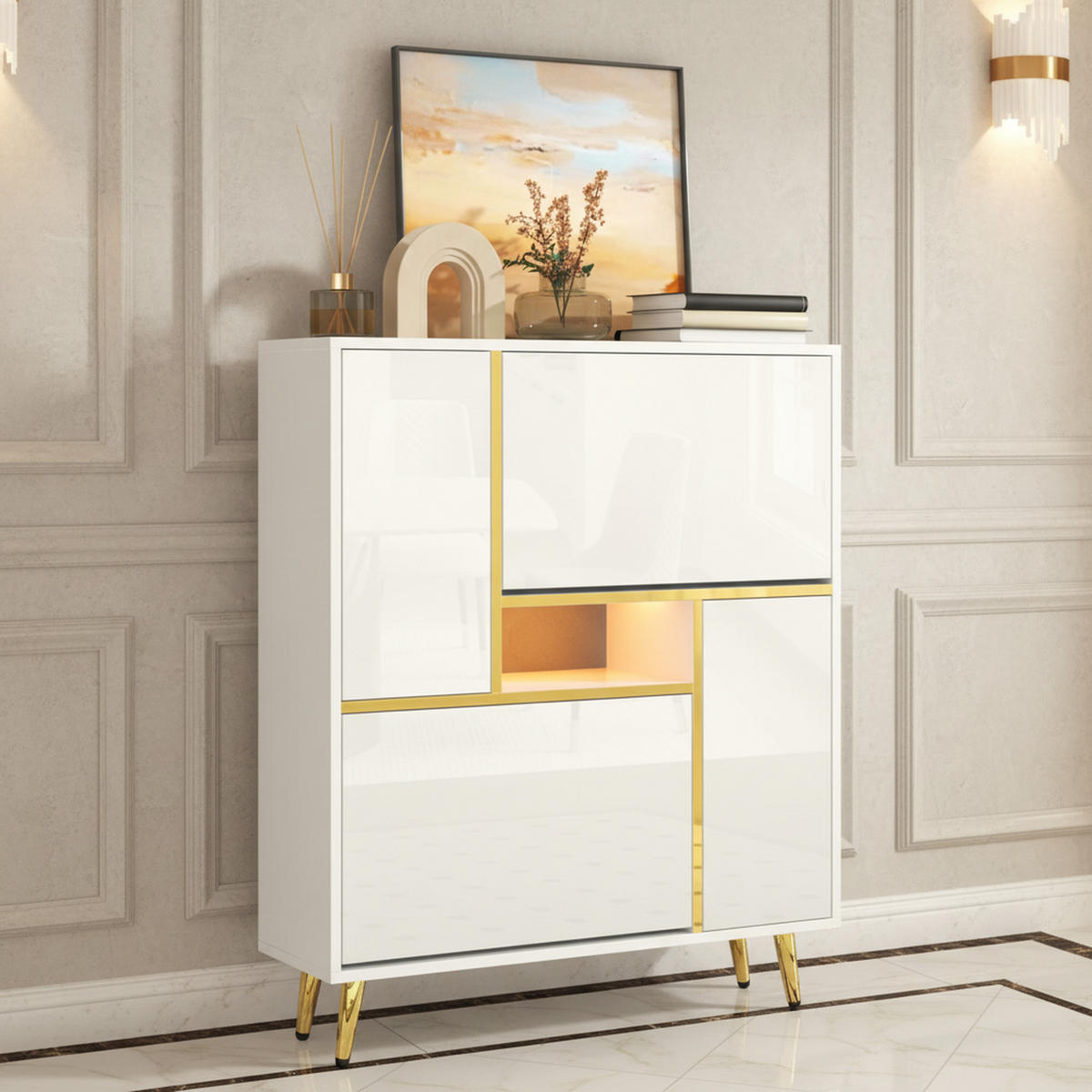 SCHUHKIPPER in Weiß Hochglanz mit LED-Beleuchtung - Weiß, Holzwerkstoff (80/96/25cm) - Urban Meuble