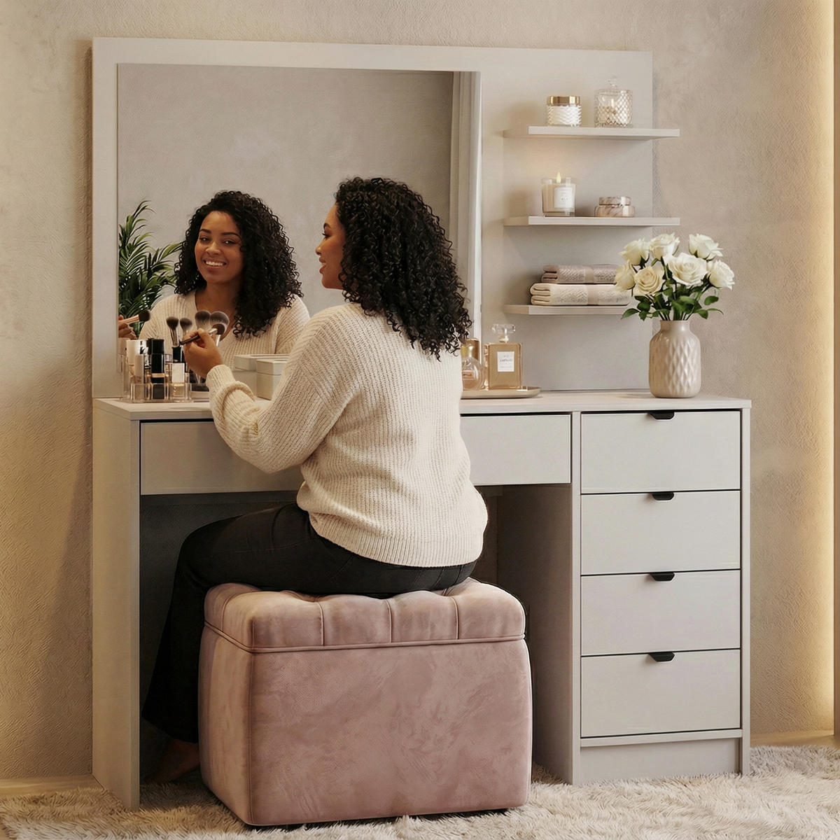 SCHMINKTISCH Malta mit 5 Schubladen, mit Spiegel, mit Griffen, Kaschmir - Kaschmir/Schwarz, Holzwerkstoff/Metall (120/145.5/57cm) - Beautysofa