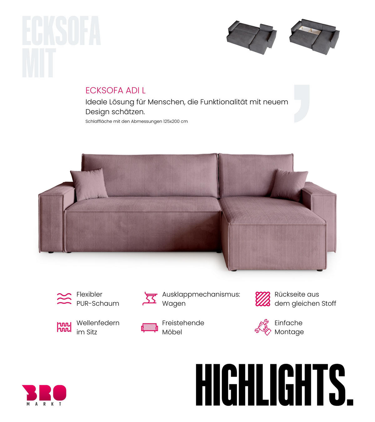 ECKSOFA ADI mit Schlaffunktion Puderrosa Cord - Rosa, Textil (244/143cm) - Bromarkt