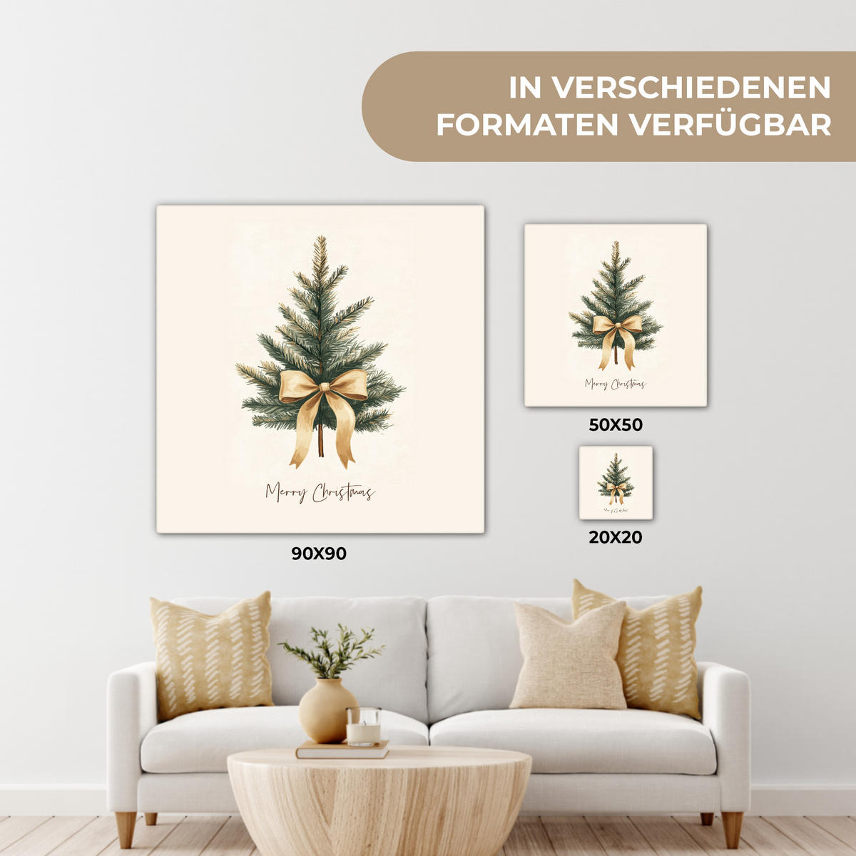LEINWANDBILD Weihnachtsbaum - Weihnachten - Frohe Weihnachten - Beige 20x20 cm - Sandfarben, Textil (20/20cm) - MuchoWow