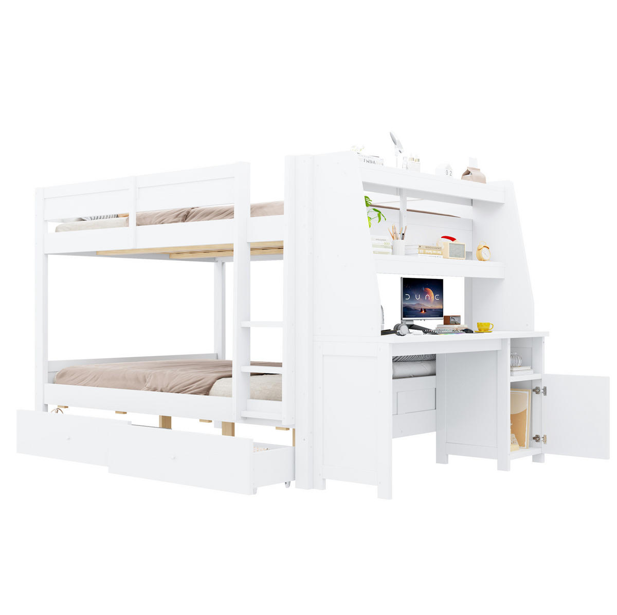 ETAGENBETT aus Kiefernholz, Metall, Sperrholz und MDF 140x200 cm Weiß mit Schreibtisch, Stauraum und Schubladen - Weiß, Holz (140/200cm) - Modfu