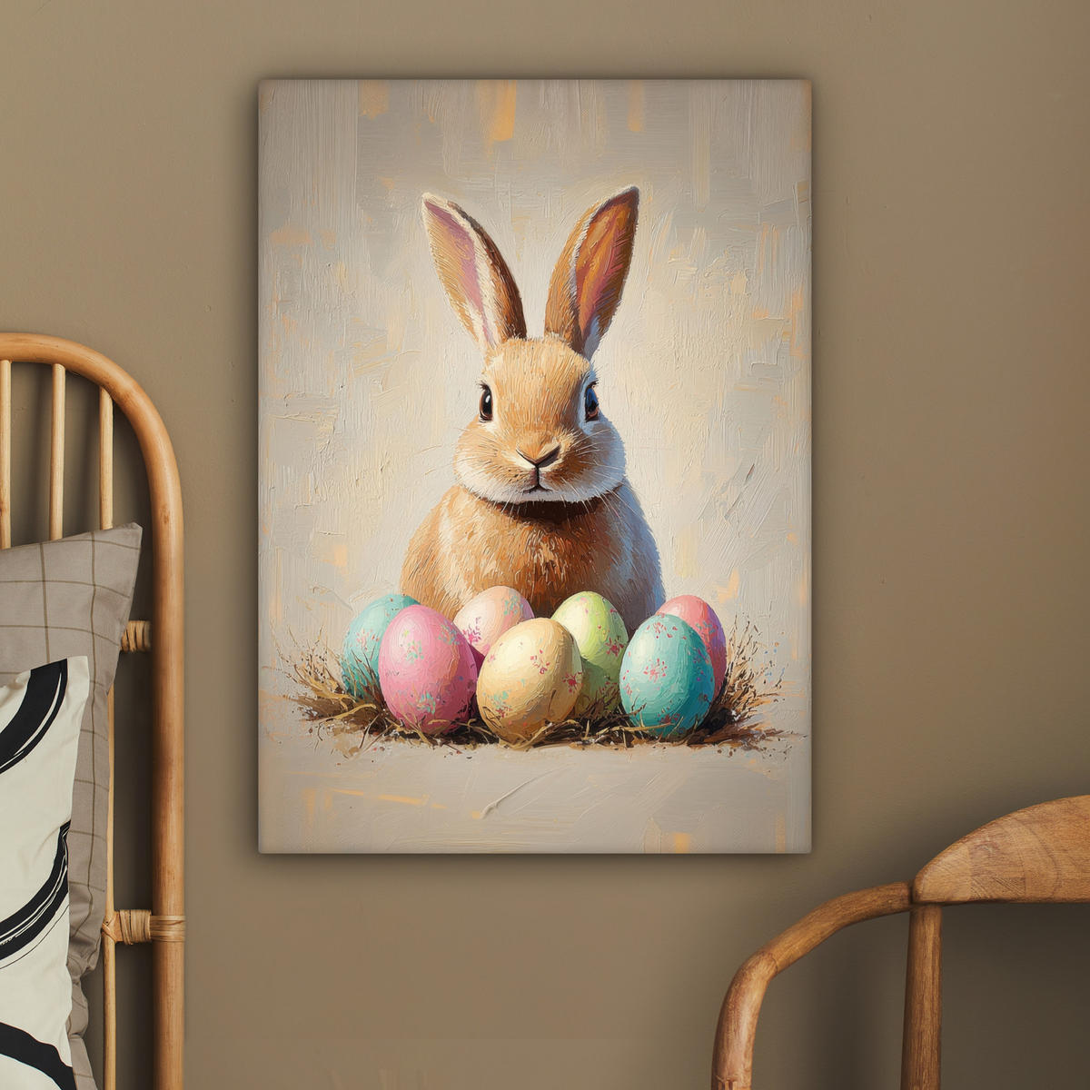 LEINWANDBILD Osterhase - Pastell - Eier Wandbild Wohnzimmer 60x80 cm - Beige, Textil (60/80cm) - MuchoWow