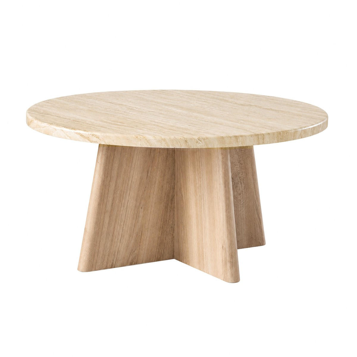 KULATÝ konferenční stolek s travertinovou úpravou a dubovou podnoží, průměr 80 cm - AGÁT - béžová, kompozitní dřevo (80/40/80cm) - Calicosy