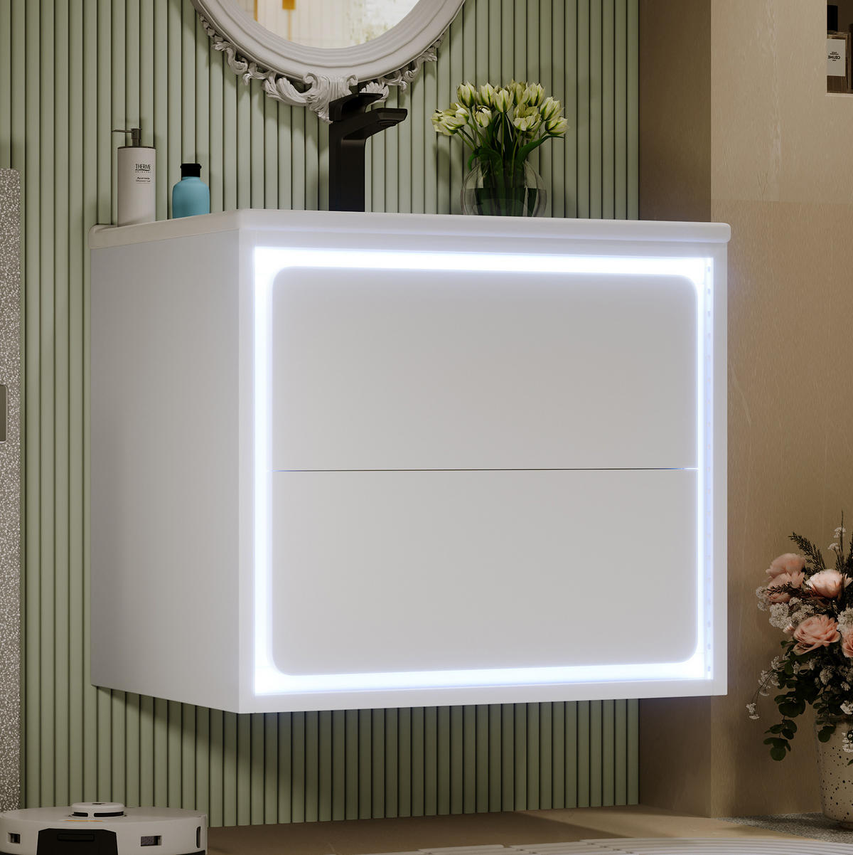 WASCHTISCHKOMBI 60/46/50 cm Weiß aus MDF und Keramik mit LED-Radarsensor-Beleuchtung - Weiß, Holzwerkstoff (60/50/46cm) - OKMYHOME