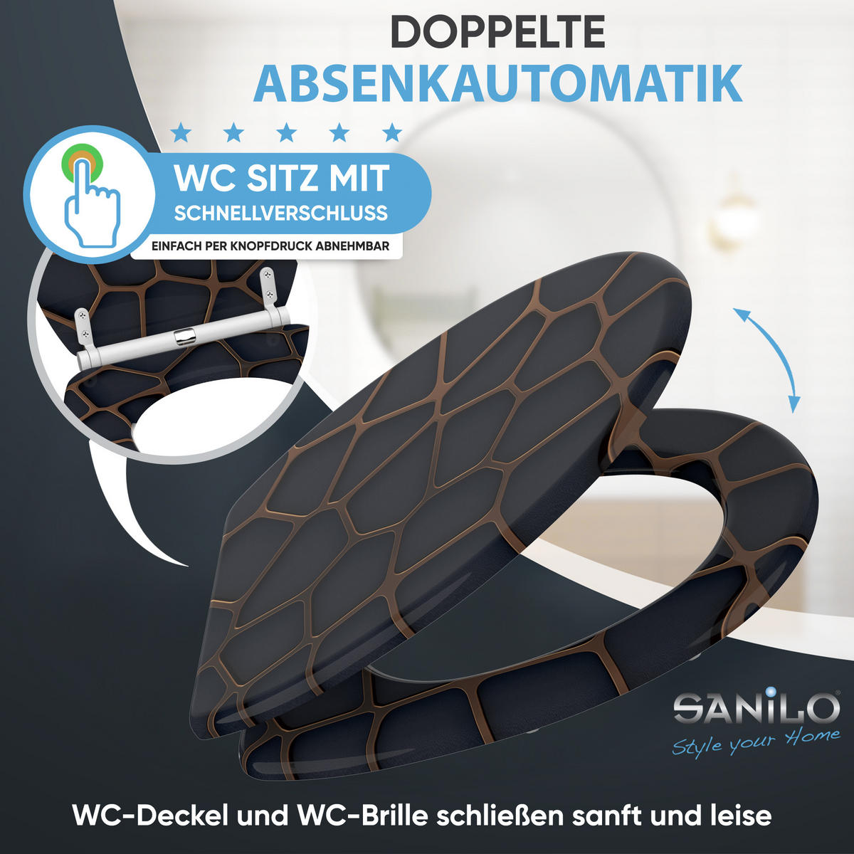 WC-SITZ mit Absenkautomatik & Top Fix Mesh - Schwarz, Holzwerkstoff (37.7/5.5/48cm) - Sanilo