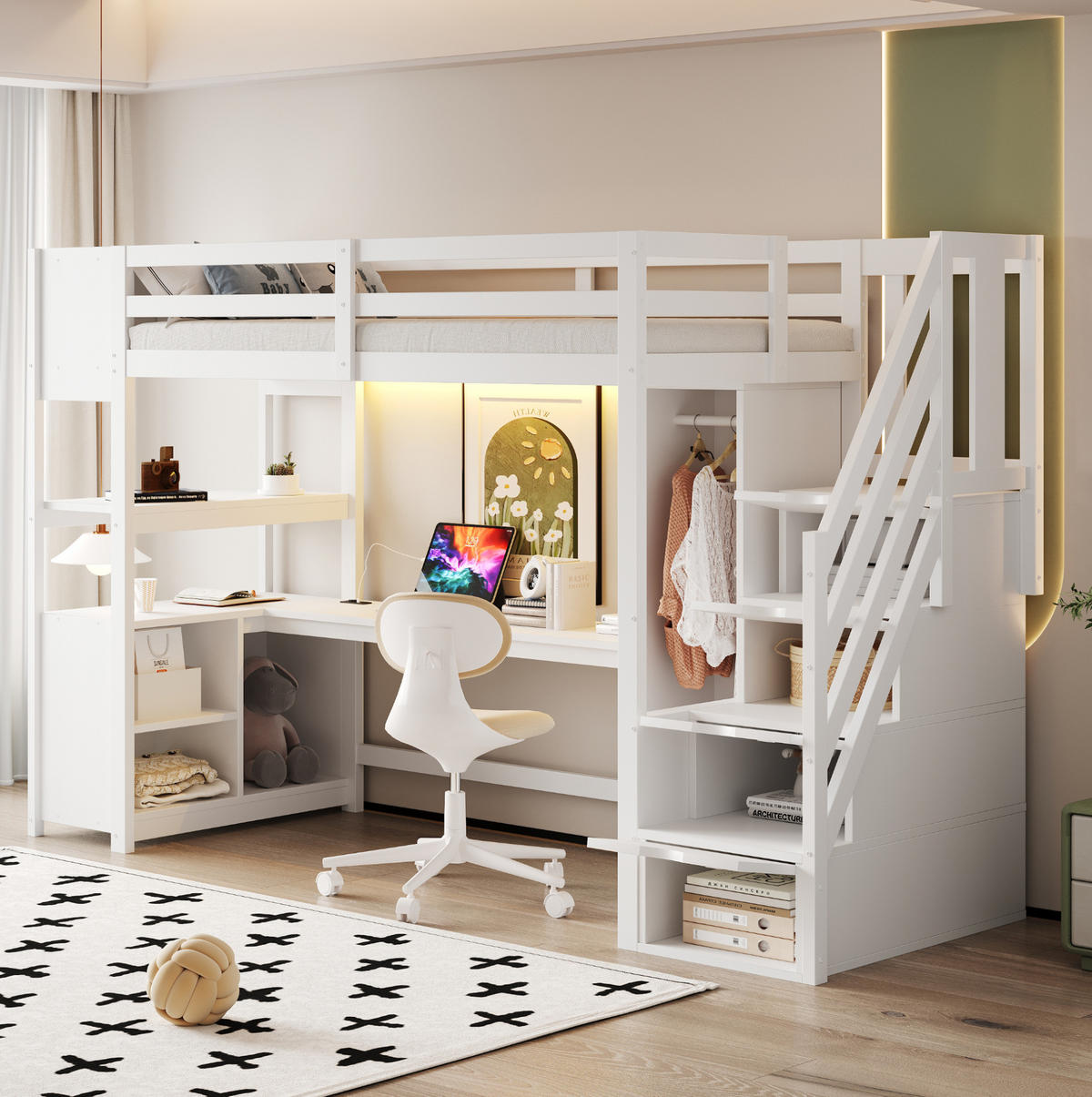 HOCHBETT 90/200 cm mit Schreibtisch, Kleiderschrank, Stauraumtreppe, LED und Steckdose aus , Weiß - Weiß, Holzwerkstoff (90/200cm) - Redom