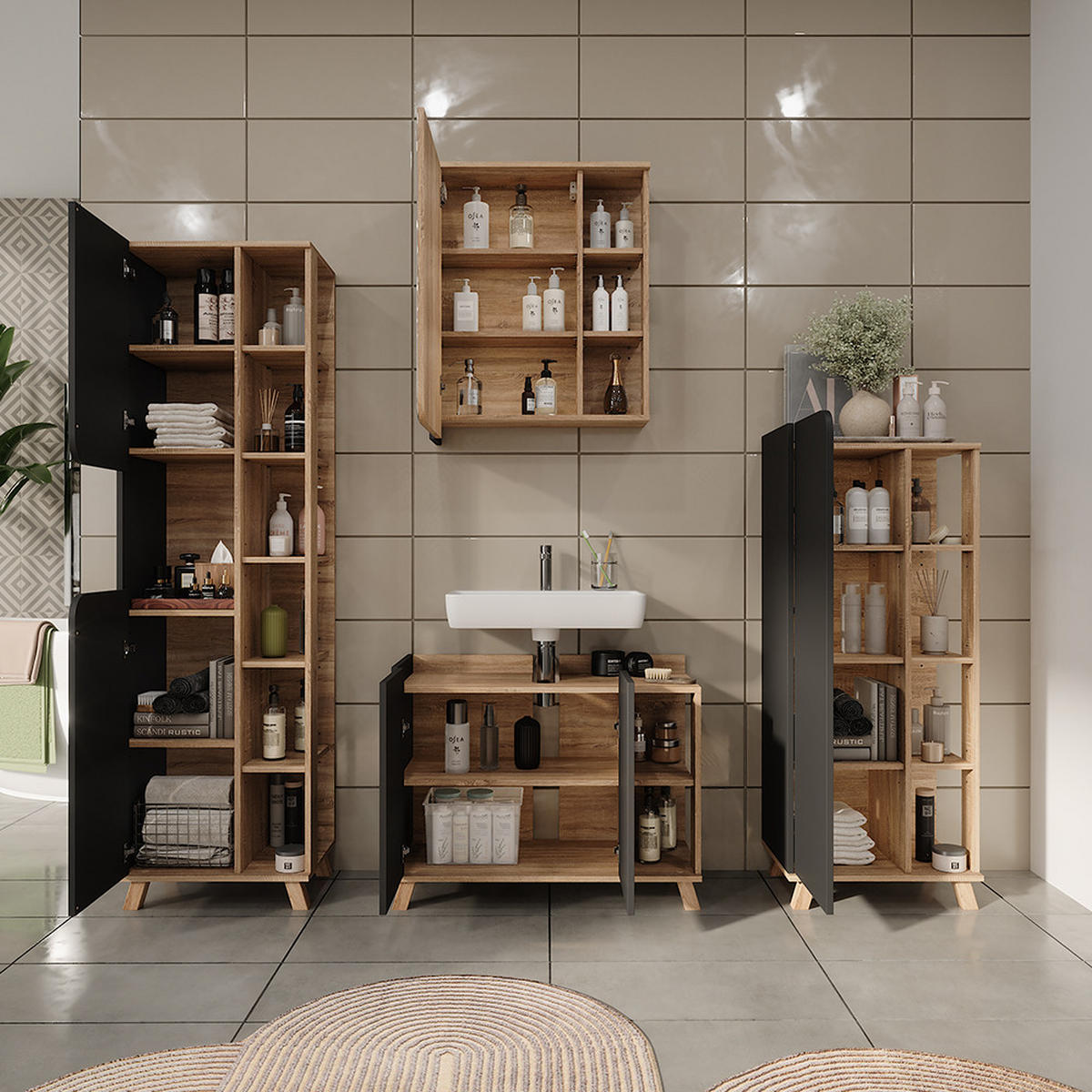 BADMÖBEL-SET Karen Sonoma/Anthrazit 4 Teile - Anthrazit, Holzwerkstoff (80/65/35cm) - Vicco