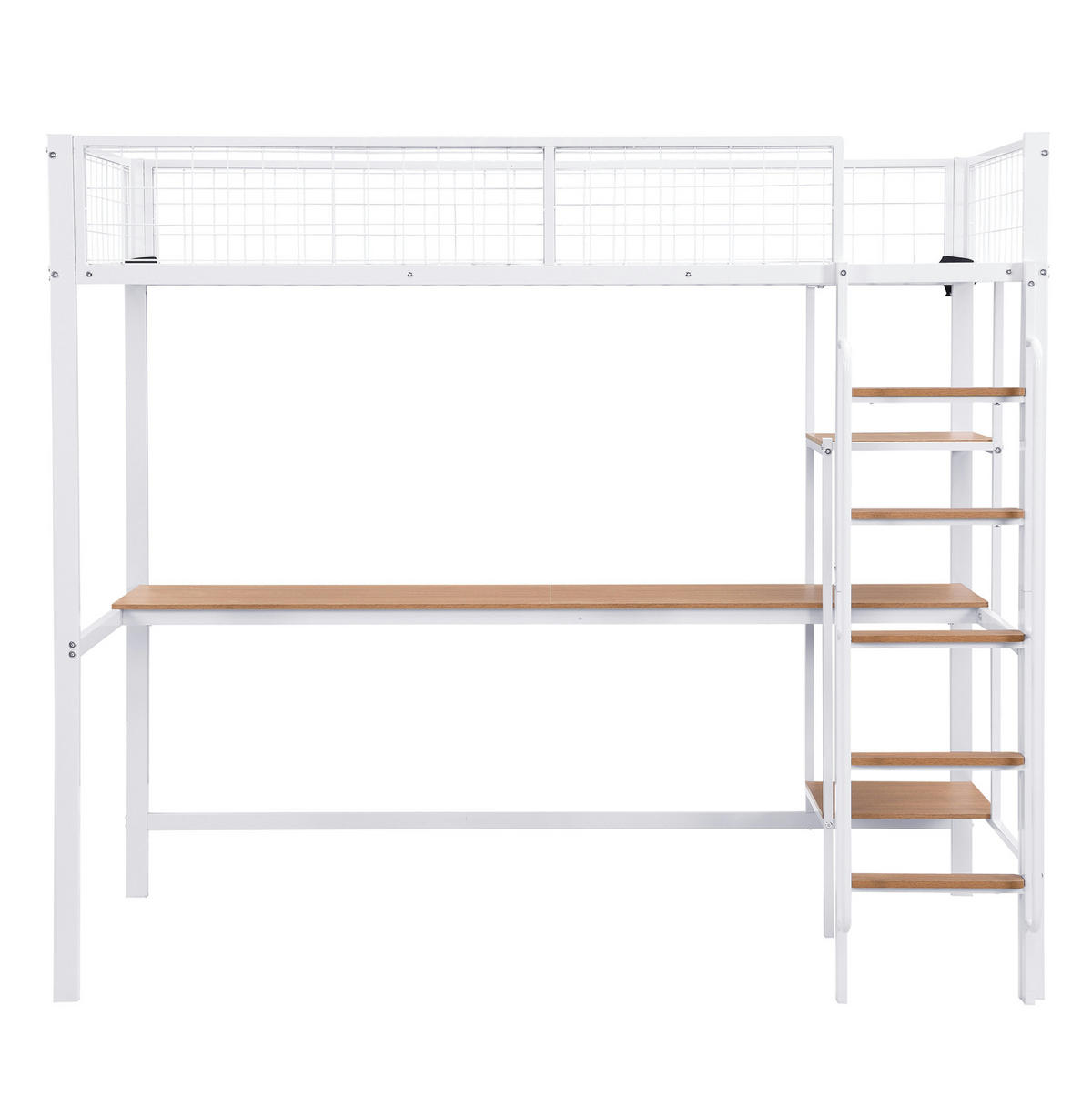 ETAGENBETT 90/200 cm weiß aus Metall mit Tisch und Regalen - Weiß, Metall (90/200cm) - OKWISH