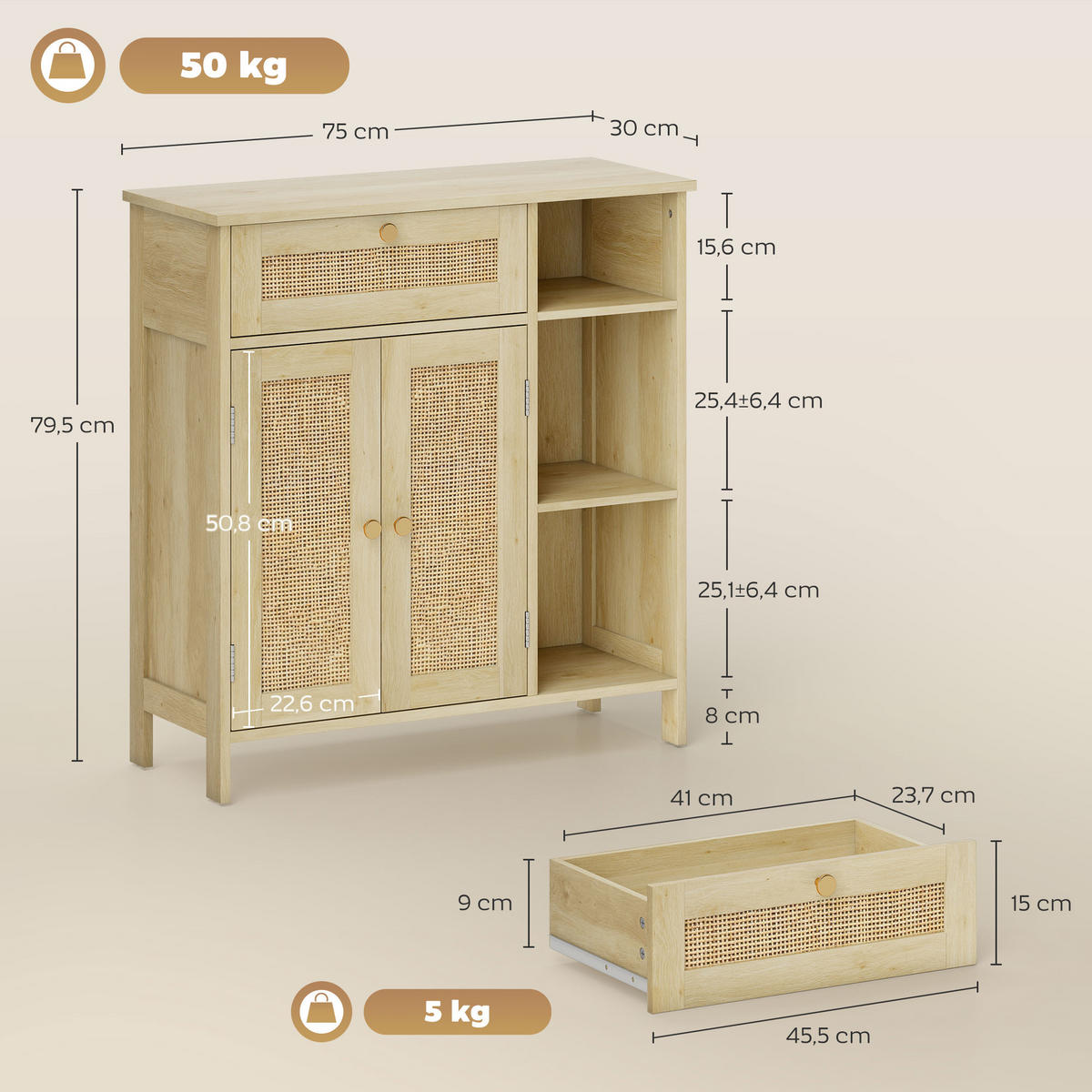 SIDEBOARD DE-11221 2 Rotintüren, Schublade Naturholz - Naturfarben, Holzwerkstoff (75/79.5/30cm) - ComfortXL