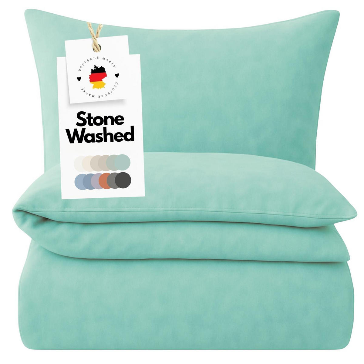 BETTWÄSCHE Stone Washed 155x220 cm aus 100% Baumwolle, Renforce Ganzjahres-Bettbezug im Used Look Mint - Mintgrün, Textil (155/220cm) - Carpe Sonno