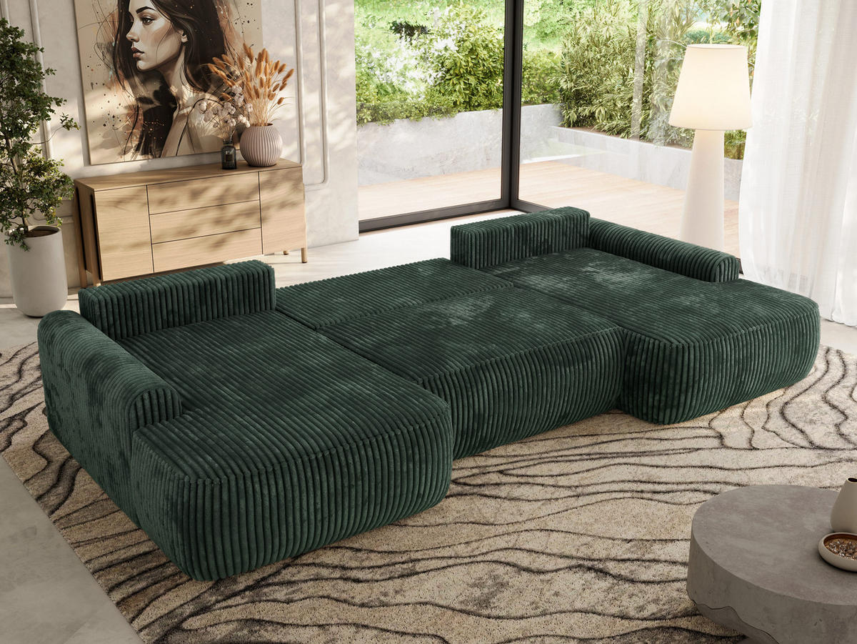 WOHNLANDSCHAFT CUBO U Grün Cord - Schwarz/Grün, Kunststoff/Textil (370/100/187cm) - MKS