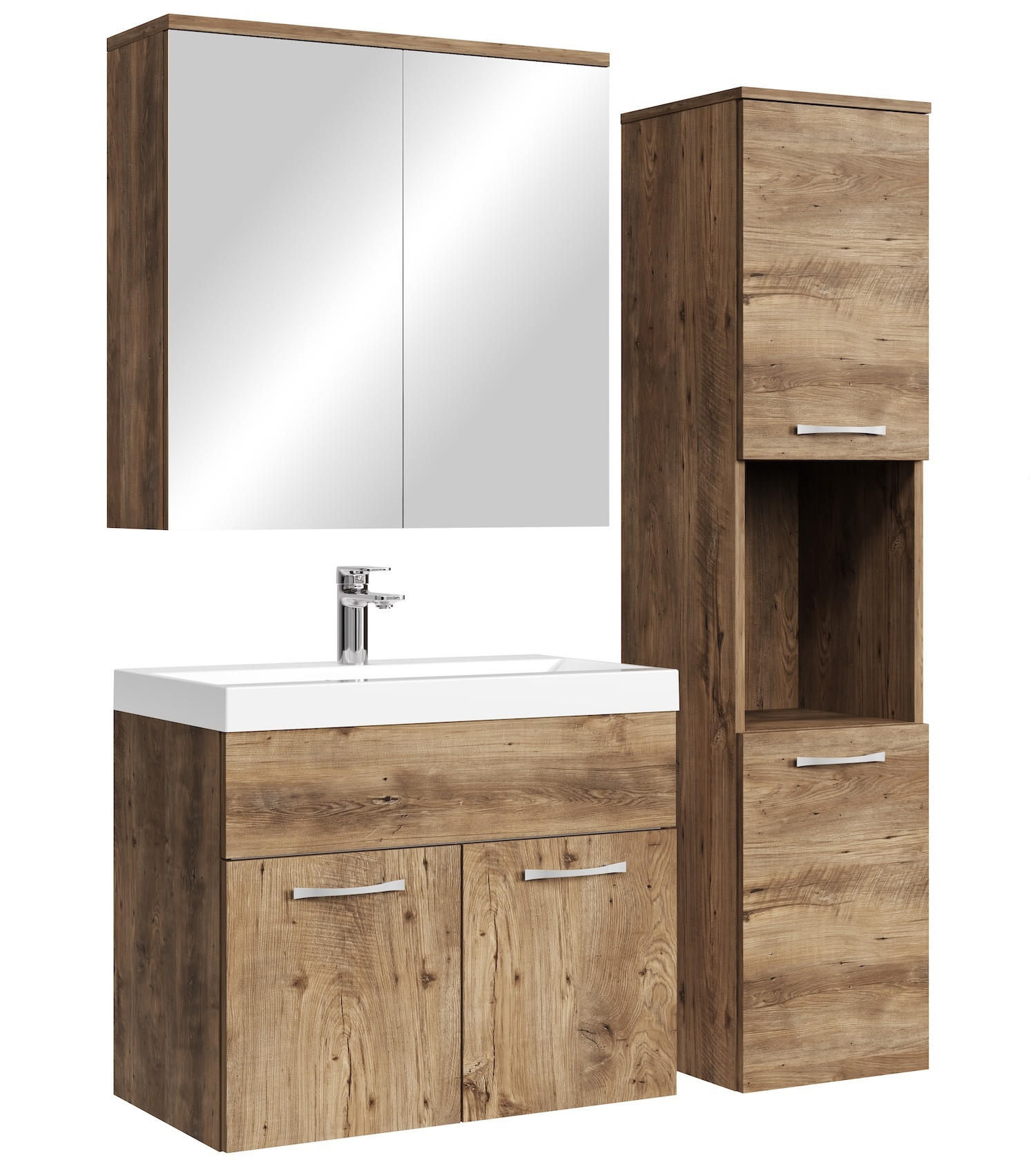 BADMÖBEL-SET Montreal 4 Teile Spiegelschrank Braun Eiche - 60 x 35 x 51 cm - Chromfarben/Braun, Holz/Metall (60/51/35cm) - Badplaats