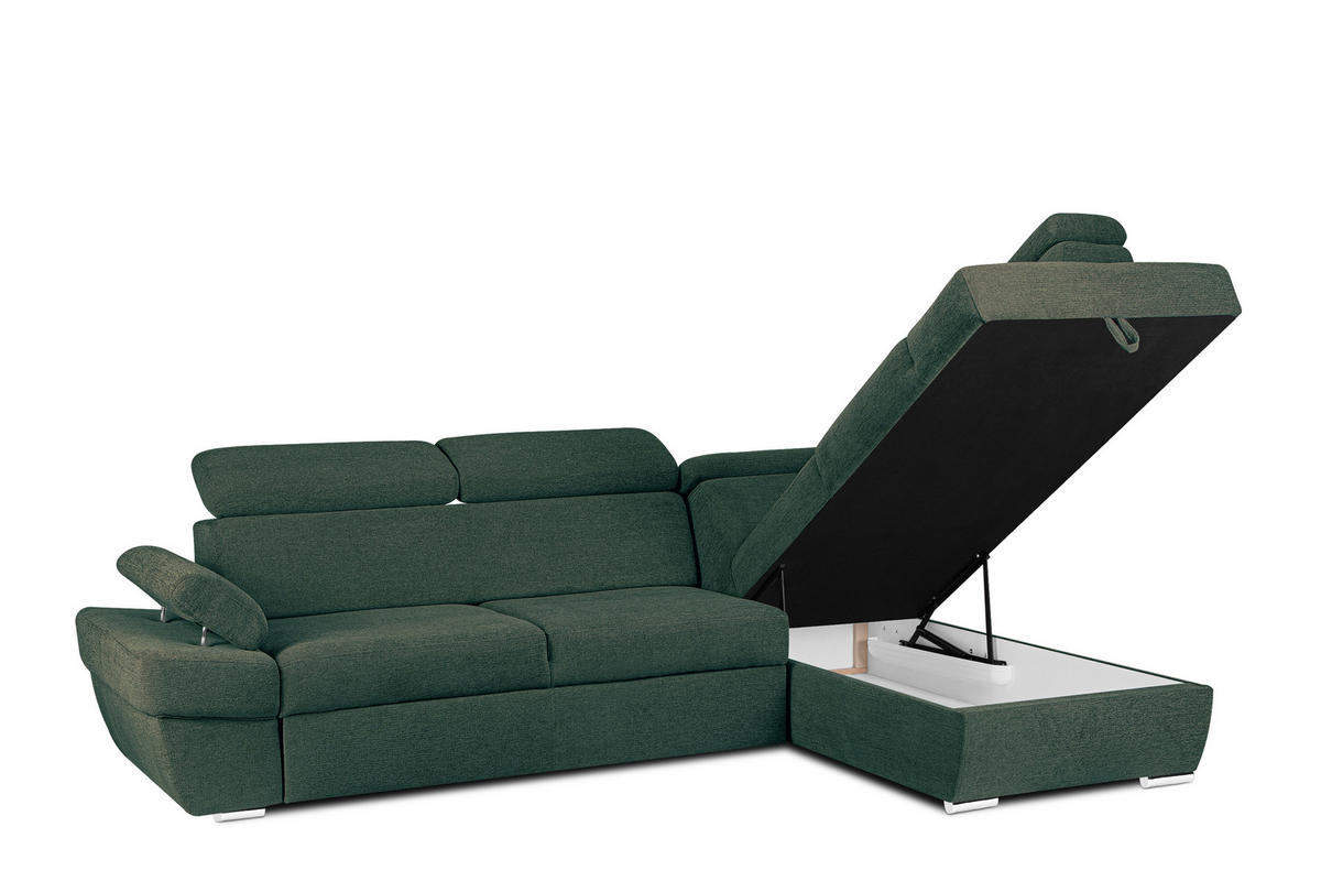 SCHLAFECKSOFA RATLO rechts 4/5-Sitzer mit Bettkasten in Lederoptik, grün - Silberfarben/Grün, Textil (270/190cm) - KONSIMO®