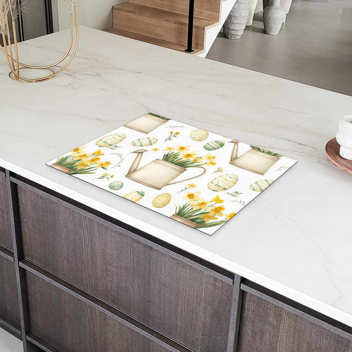 HERDABDECKPLATTE Gießkanne - Blumen - Eier Herdabdeckung Induktionsfeld 70x52 cm - Weiß, Kunststoff (70/52/0.2cm) - MuchoWow