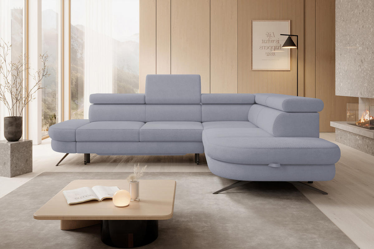 ECKSOFA OTIS L-förm, Schlaffunktion, verstellbare Kopfstützen, in AURORA-Stoff, lose Rückenkissen, freistehend, RECHTS 276x218x97 cm Light Grey - Hellgrau, Holz/Textil (276/218cm) - DomoHome