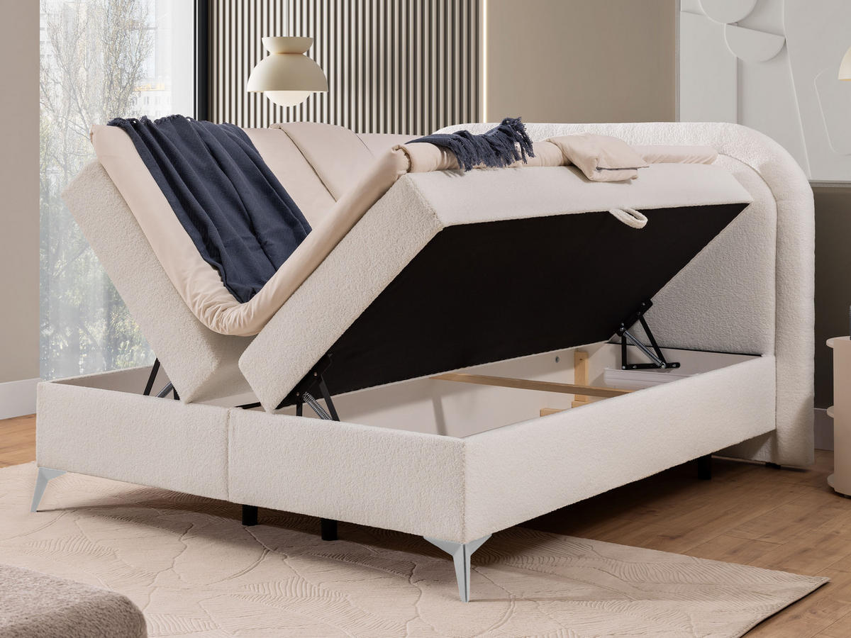 BOXBETT Sonna 160/200 cm Weiß Bouclé-Stoff mit abgerundetem Kopfteil und mit silbernen Metallfüßen - Silberfarben/Weiß, Holz/Textil (160/200cm) - S-Style Möbel