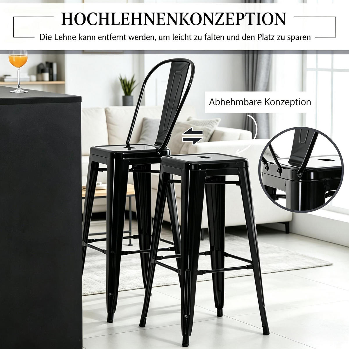 BARHOCKER DE-36237 4er Set stapelbar Schwarz - Schwarz, Metall (46/116/44cm) - ComfortXL