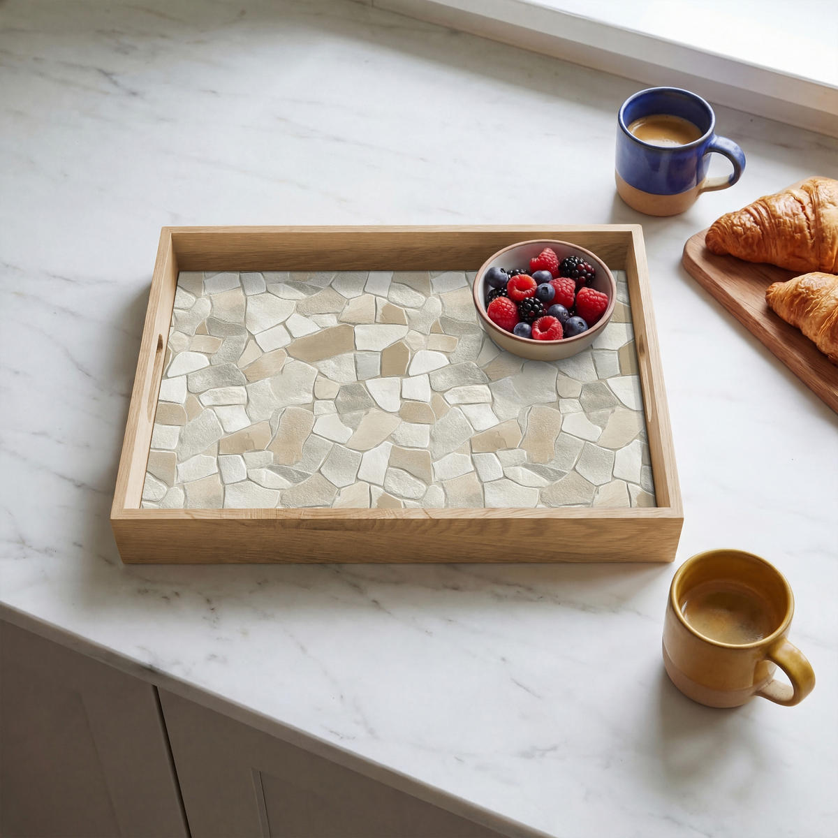 TABLETT - Mosaik - Steine - Beige - 40x30 cm - Beige, Holz (40/5/5cm) - OnlyWow