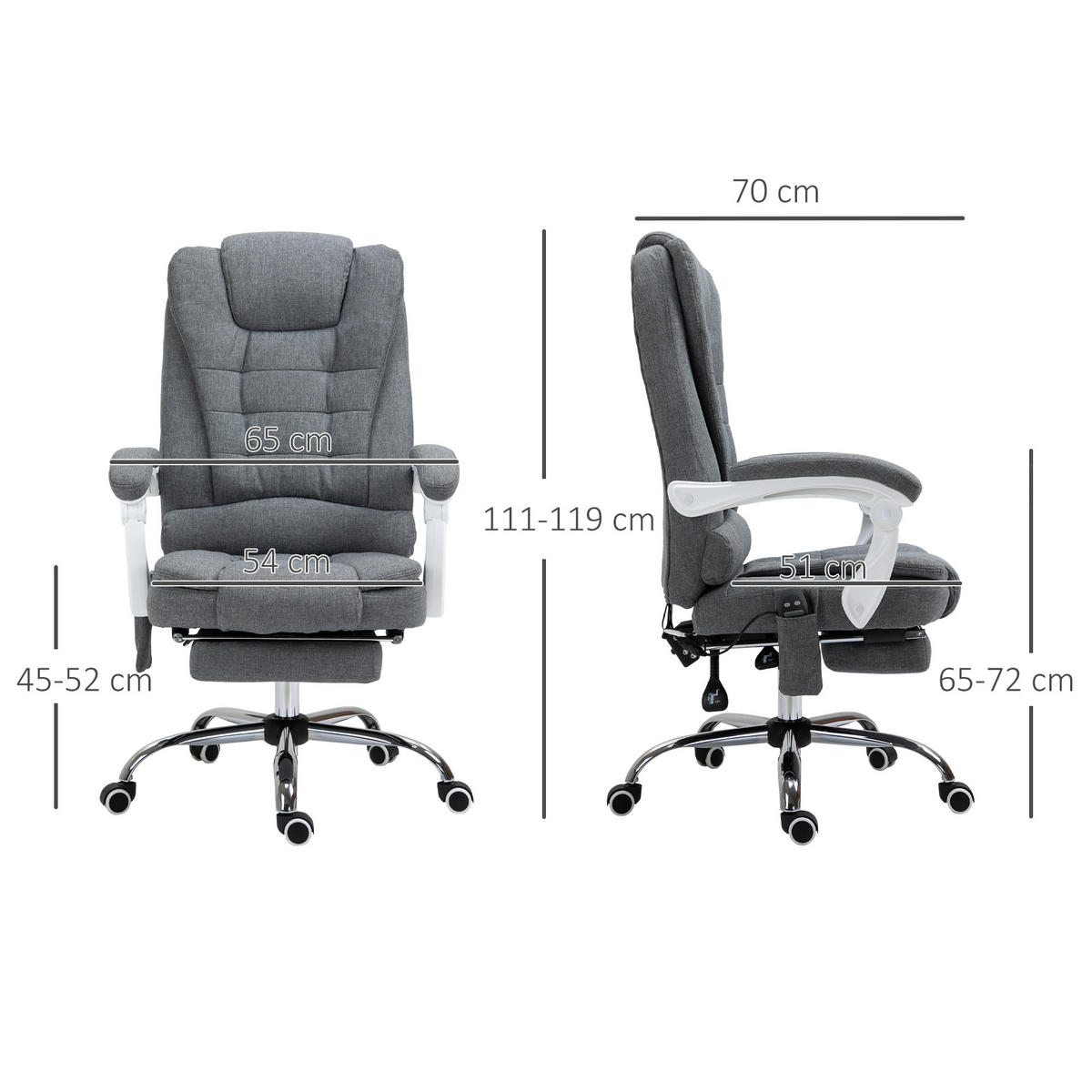 BÜROSTUHL mit Massagefunktion, Ergonomischer Schreibtischstuhl mit Liegefunktion - Silberfarben/Grau, Kunststoff/Textil (70/119/65cm) - Vinsetto