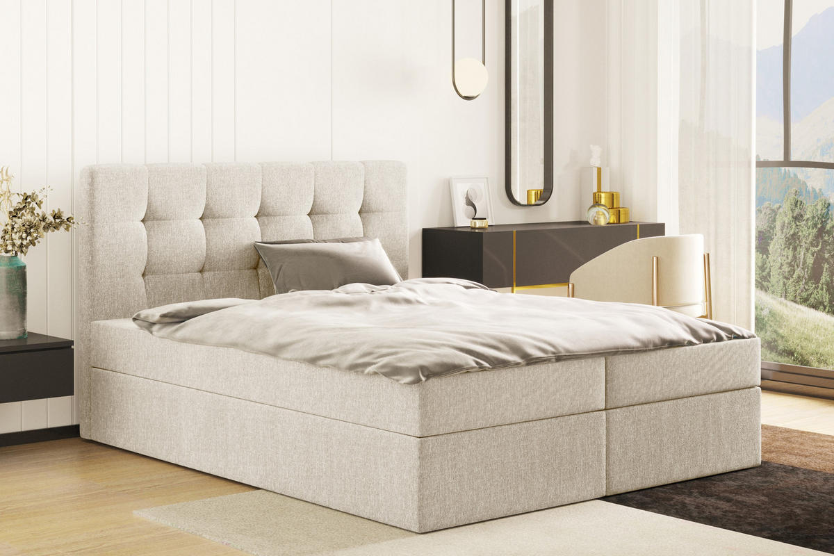 BOXBETT Mit Matratze Und Bettkasten, LUDANO Stoff Sydney Perle 140x200 cm H2-Pocket - Ecru, Holz (140/200cm) - Kaiser Möbel