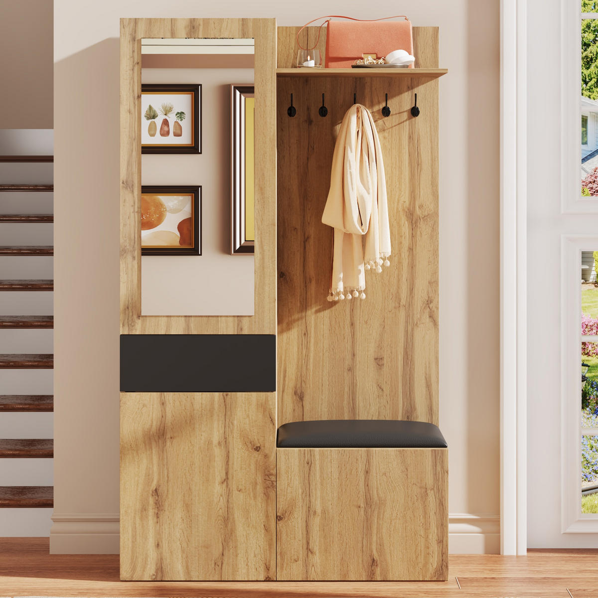 SCHUHSCHRANK aus MDF 98,5x38x191cm in Natur mit Spiegel - Naturfarben, Holzwerkstoff (98.5/191/38cm) - Modfu