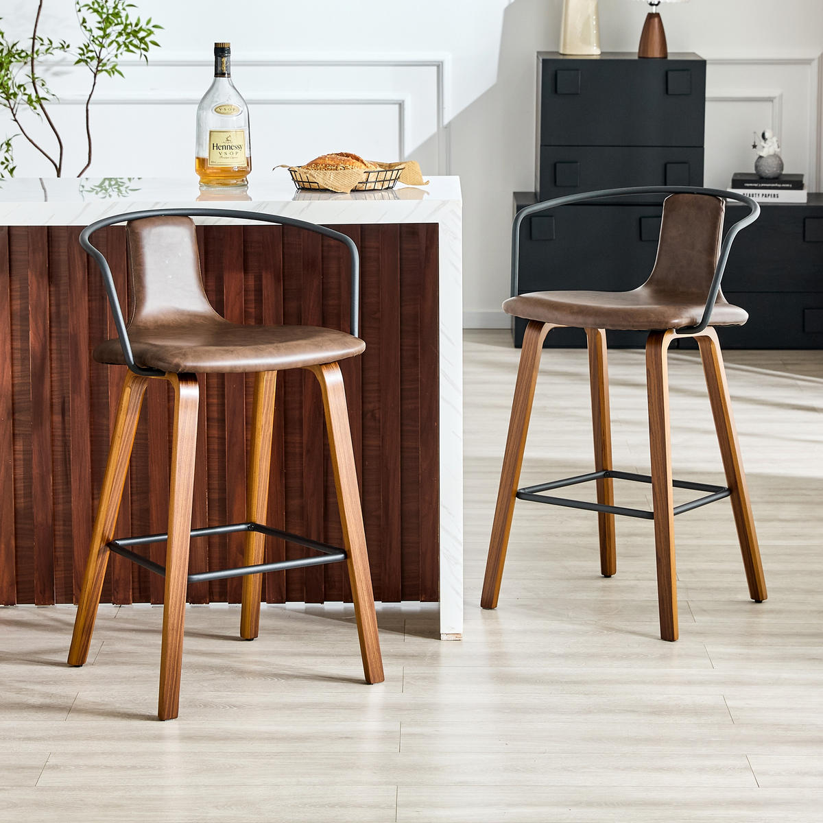 BARHOCKER Braun 2er-Set mit Armlehne und Holzbeinen - Braun, Holz (54.7/88/44cm) - PANGIVO