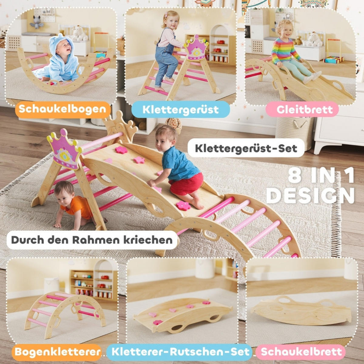 INDOOR-KLETTERGERÜST für Kinder 8-in-1 , Prinzessinnen-Design, mit Rutsche, Rampe, Bogen, Holz - Pink, Holz (42/160cm) - Hauptrolle