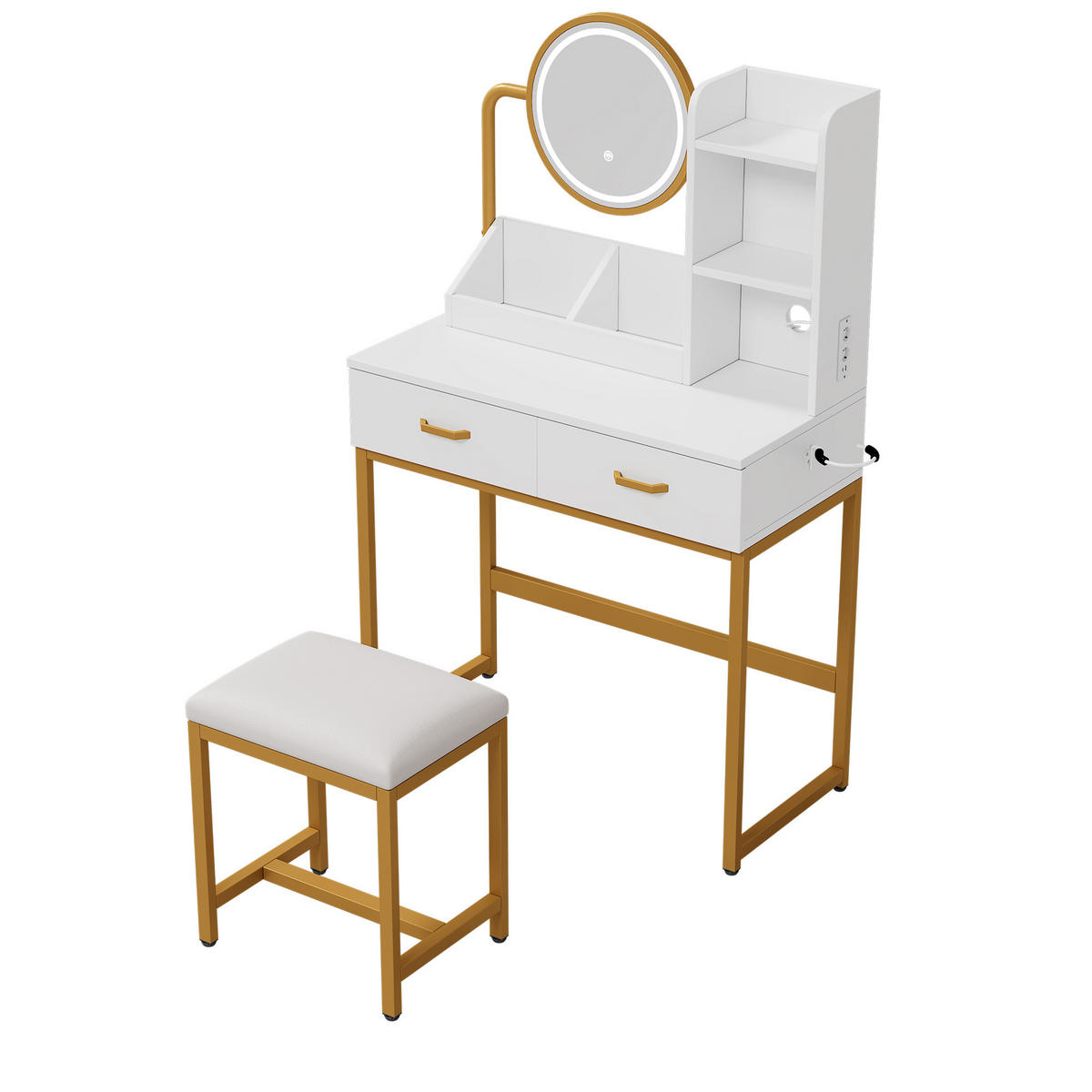 SCHMINKTISCH mit LED-Spiegel, Steckdose, Föhnhalterung und gepolstertem Hocker; weiß; 80 × 138,5 × 40 cm - Weiß, Holzwerkstoff (40/138.5/80cm) - Vallsero