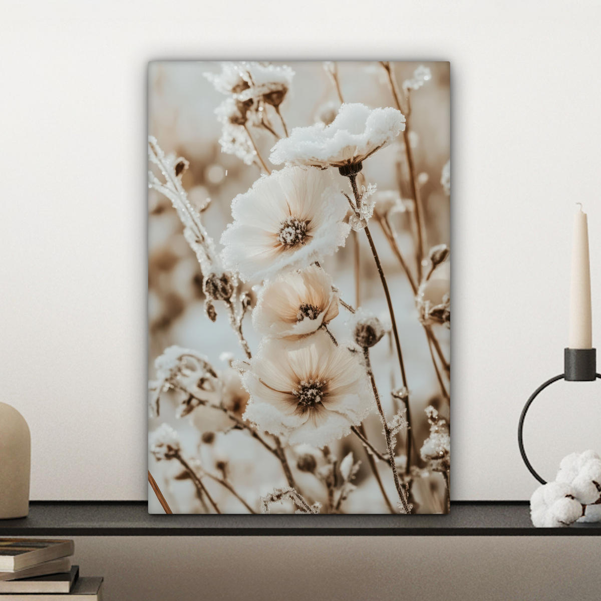 LEINWANDBILD Blumen - Winter - Weiß - Schnee - Beige Deko Wohnzimmer 20x30 cm - Creme, Textil (20/30cm) - MuchoWow