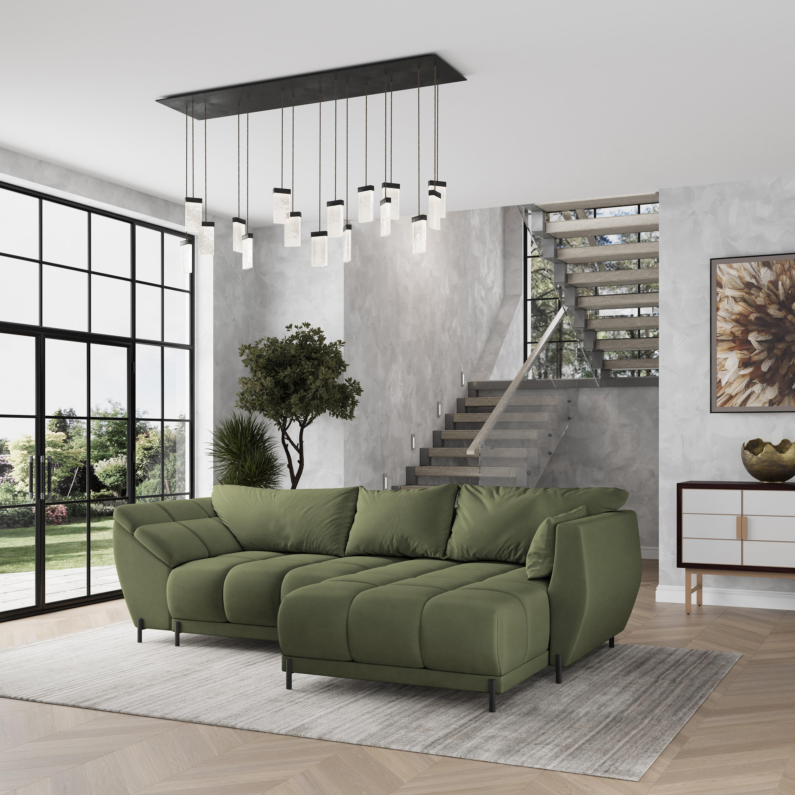 ECKSOFA VESTANO R-S Grün Velours-Stoff mit Schlaffunktion - Grün, Holz (287/182cm) - MASSENO