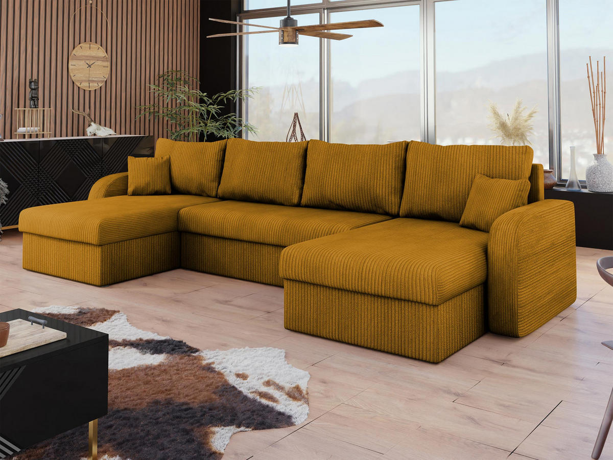 ECKSOFA Kris U Cord - Schwarz/Braun, Holz/Kunststoff (304/80/140cm) - MIRJAN24